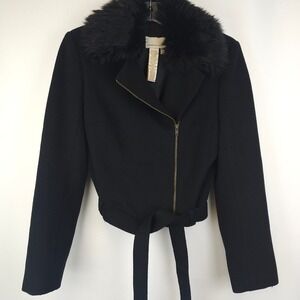 Maxazria Collection Wool Cashmere Cropped 6 Jacket Faux Fur Collar Black Moto